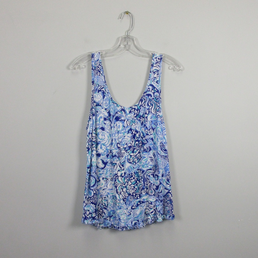 Lilly Pulitzer Ruffle PJ Tank Top Women L Blue Coastal Viscose Casual Summer 142